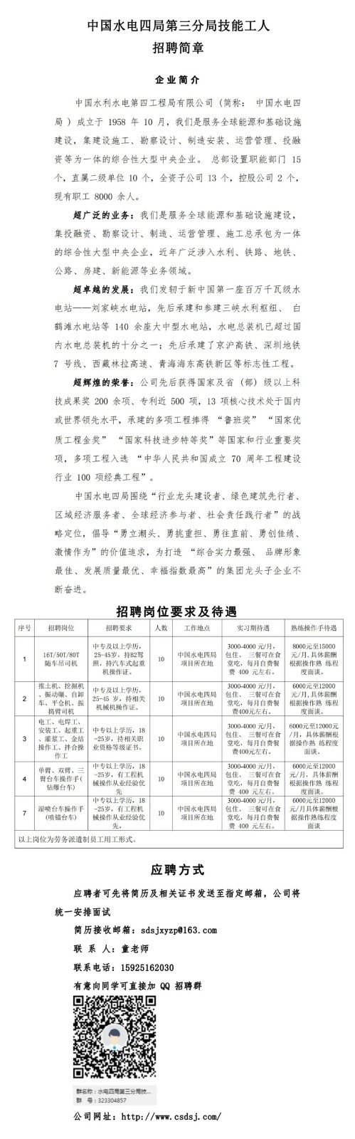 【招聘】中專以上！6000-12000元/月！中國水電四局技能工人招聘簡章！